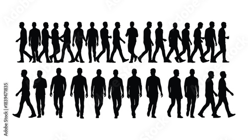A row of walking people depicted in a dark silhouette
