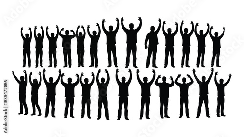 A crowd of people with arms raised in a celebratory pose silhouette