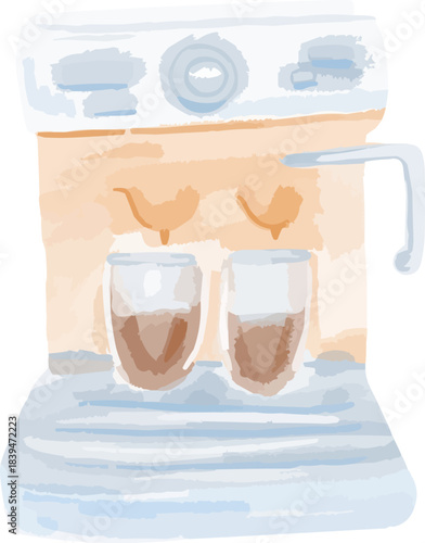 Hand-Drawn Watercolor Electric Coffee Machine Making Latte