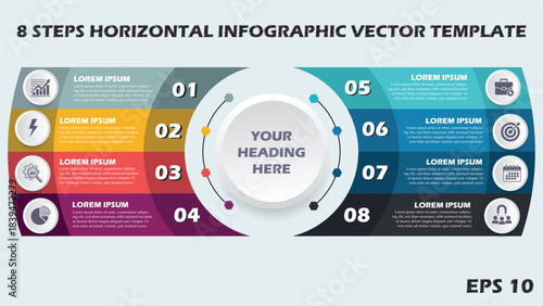 8 Steps Horizontal Infographic Vector Template, Circular Central Design for Business Options, Strategic Process, and Connected Data Presentation Layout.