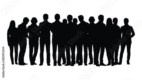 A group of people standing together depicted in black silhouette
