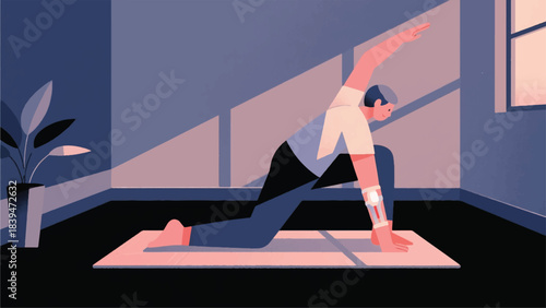 Illustration Of Person With A Chronic Illness Is Doing Gentle, Modified Yoga Poses On A Mat In A Quiet Room Vector Design Template