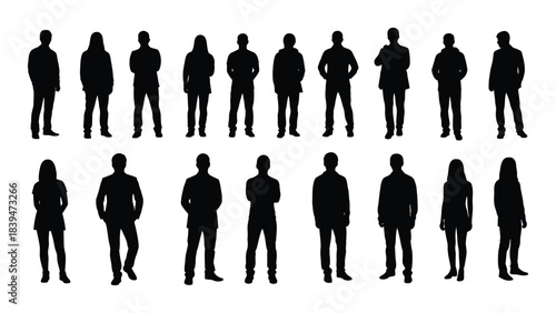Diverse group of people standing in various poses a black silhouette
