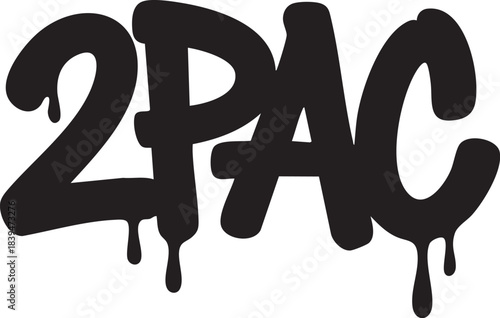Black dripping graffiti style text spelling 2pac centered on a textured white wall background representing hip hop culture and urban art