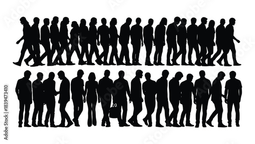 A large group of people walking in two rows dark silhouette