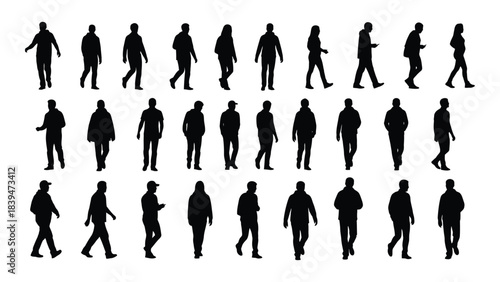 Diverse group of people in various walking poses a striking silhouette