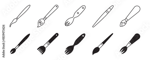 Collection of simple line art and solid icons representing various art brushes and painting tools for creative design projects