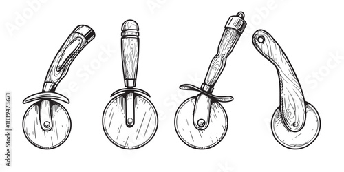 Hand drawn sketch style pizza cutters set. Retro vintage traditional kitchen utensil. Vector illustrations collection isolated on white background.