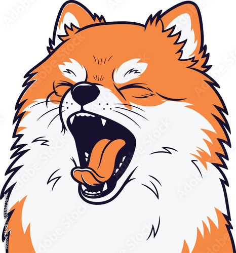 A close-up illustration of a fluffy orange fox with its mouth wide open, yawning with its eyes squeezed shut.