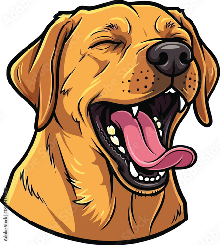 Happy cartoon golden retriever dog with mouth wide open and tongue hanging out, eyes squinted in joy, vector illustration.