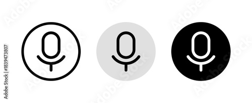 Microphone icon set for audio recording, voice input, and speech recognition apps, featuring outline, grey, and black versions.