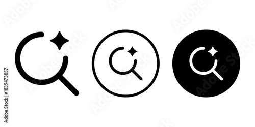 Magnifying glass with sparkle icon set in various styles, representing advanced search, filter, cleanup, and optimization tools