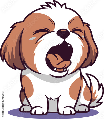 Cute cartoon puppy with brown and white fur yawning widely, showing its tongue and teeth.