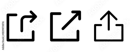 Set of three black outline icons: share, external link, and upload symbols for user interface design and web applications.