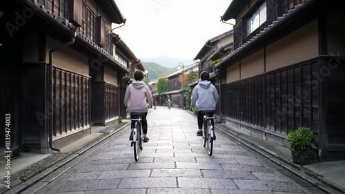 Wallpaper Mural Two people on traditional bicycles recede down a quiet japanese alley lined with dark wooden machiya buildings under soft morning light, tranquil traditional japanese lifestyle Torontodigital.ca