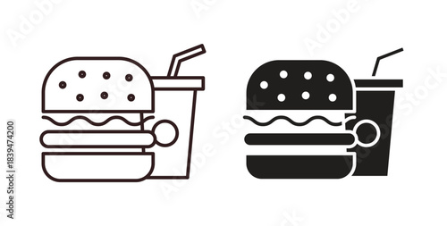 Hamburger and soft drink cup icons silhouettes. Vector elements for design.