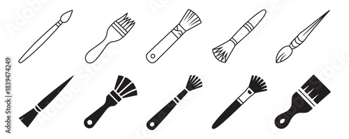 Collection of professional black and white line and solid icons representing various art and makeup brushes