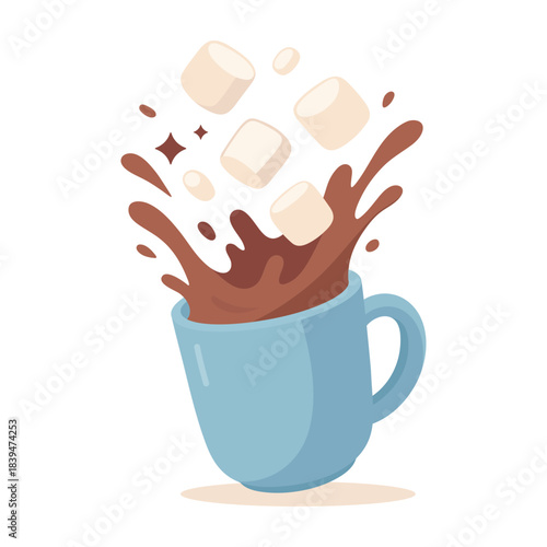 Hot chocolate splashing out of a mug with flying marshmallows. Marshmallow latte. Vector coffee illustration. Warm and cozy winter drink concept in a fun, playful style.