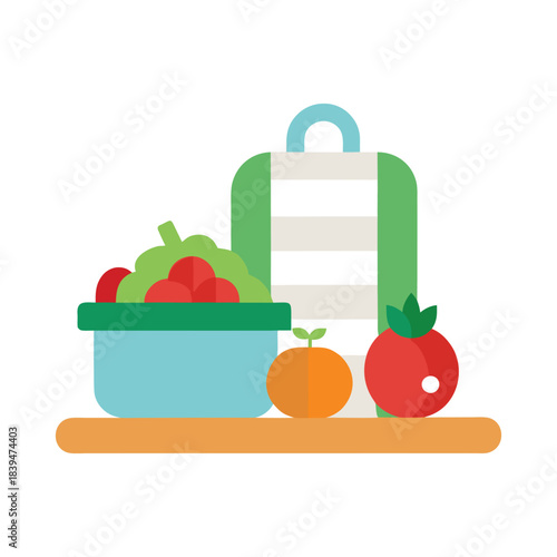 Flat Design Lunchbox with Salad Bowl and Fruits tomato