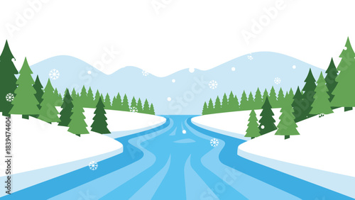A peaceful winter landscape illustration featuring a flowing icy river, snowy hills, evergreen pine trees, and gentle falling snowflakes, creating a calm and serene seasonal scenery design