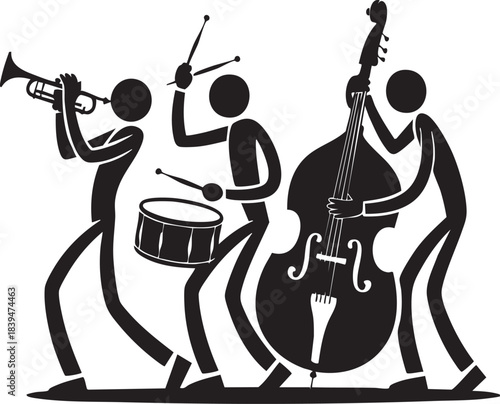 Minimalist black and white silhouette of a three piece jazz band featuring upright bass drums and trumpet players performing live music