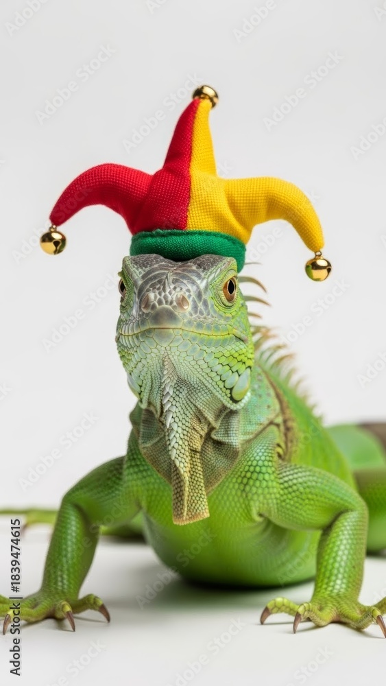 Fototapeta premium iguana wearing a jester hat, joker, entertainer, on a white background, animal photo