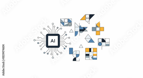 Artificial intelligence and geometric shapes representing data processing.