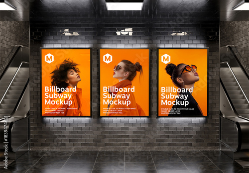 Three Billboards on Black Underground Wall Mockup