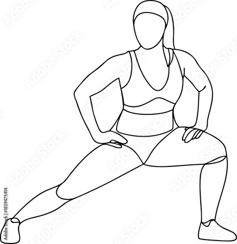 Continuous line art drawing of a fit woman performing a lunge exercise for healthy fitness and wellbeing