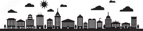 City landscape vector. Thin Black cityscape with building, clouds, sun. design Vector black silhouette