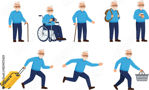 Elderly man character set showing various daily activities such as traveling, walking, taking photos, running, shopping, and enjoying an active senior lifestyle
