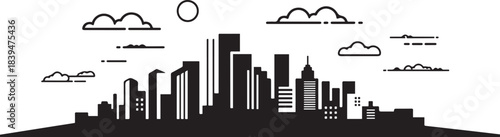 City landscape vector. Thin Black cityscape with building, clouds, sun. design Vector black silhouette