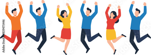 Happy people jumping in celebration, expressing joy, success, positivity, teamwork, and motivation in a colorful flat illustration of energetic men and women