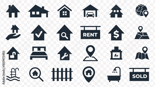 Collection of real estate and home related icons on a transparent background house building