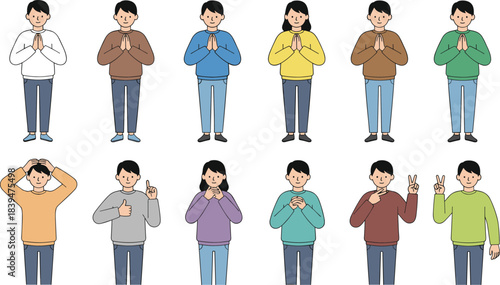 Illustration of men and women showing various hand gestures and expressions, representing communication, gratitude, agreement, emotion, positivity, and friendly social interaction