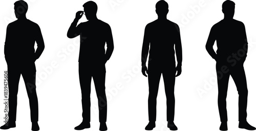 Silhouettes of a man standing in various casual poses, representing modern fashion, confidence, lifestyle, posture variations, and simple figure outlines for design use