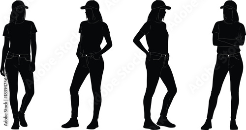 Silhouettes of a young woman standing in various casual poses, wearing a cap and jeans, representing fashion, attitude, lifestyle, confidence, and modern style