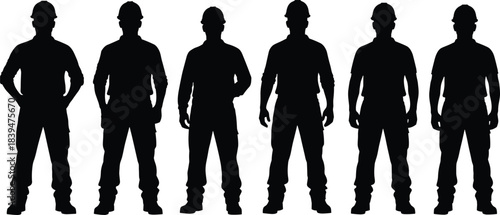 Silhouettes of construction workers wearing safety helmets standing in multiple poses, representing industrial labor force, protection, teamwork, 