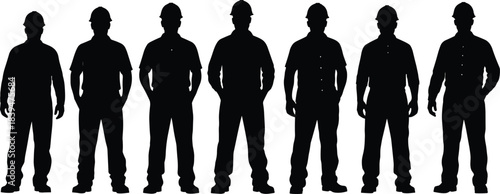 Silhouettes of construction workers wearing safety helmets standing in multiple poses, representing industry, labor force, teamwork, protection, occupational concepts, and workforce illustration