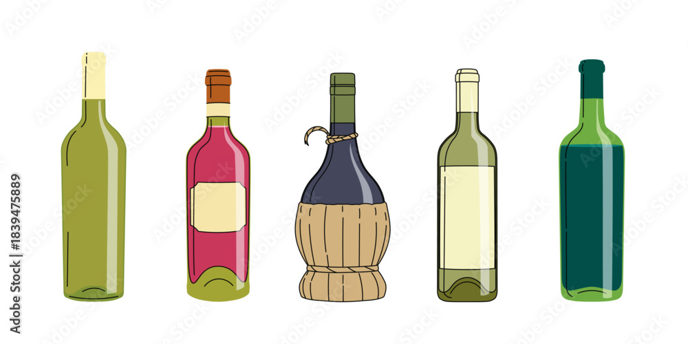 Fototapeta premium Sort od different wine bottles in flat minimalistic modern style. Best for restaurant wine menu designs. Vector illustrations collection.