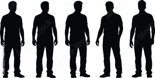 Silhouettes of men standing in various casual poses, representing modern lifestyle, confident posture, body outline, fashion simplicity, and versatile figure illustrations