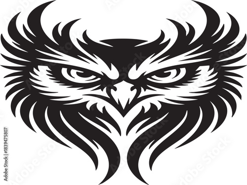 Fierce stylized black and white owl head graphic design perfect for tattoo art or modern emblem creation