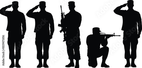 Silhouettes of soldiers standing and saluting in various poses, including armed stances and tactical positioning, representing military discipline, duty, readiness, and defense concepts