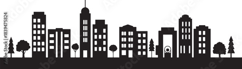 Urban city buildings with trees vector illustration. design Vector black silhouette