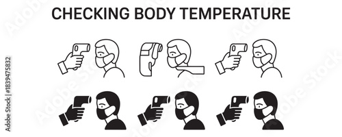 Essential icons demonstrating correct infrared thermometer usage for temperature screening protocols in public spaces