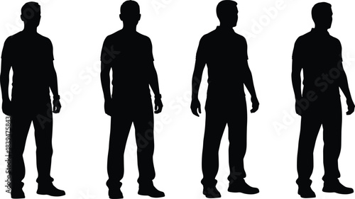 Silhouettes of standing men in various poses on white background, representing anonymity, diversity, teamwork, group concept, and modern male figures