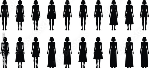 Silhouettes of women in various dress lengths and outfits, displaying different fashion styles, body postures, clothing variations, and simple figure illustrations for design use