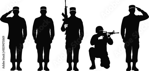 Silhouettes of soldiers standing, saluting, and aiming rifles in various poses, representing military discipline, duty, readiness, tactical action, and defense concepts