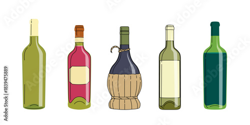 Sort od different wine bottles in flat minimalistic modern style. Best for restaurant wine menu designs. Vector illustrations collection.
