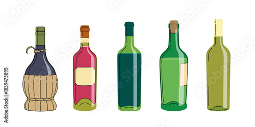 Sort od different wine bottles in flat minimalistic modern style. Best for restaurant wine menu designs. Vector illustrations collection.